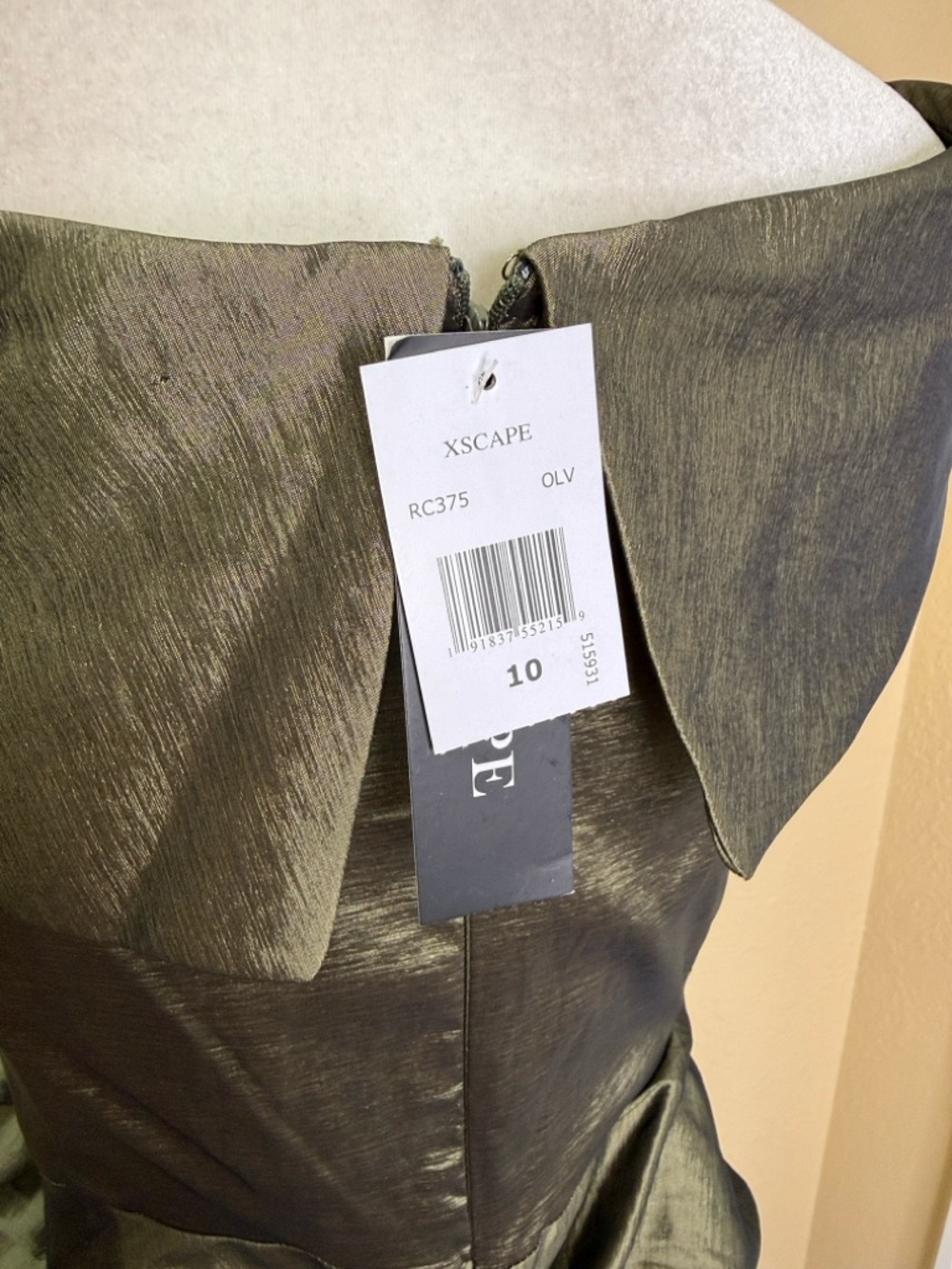 Xscape Olive Green Off-Shoulder Ruffled Satin Gown - Picture 6 of 14